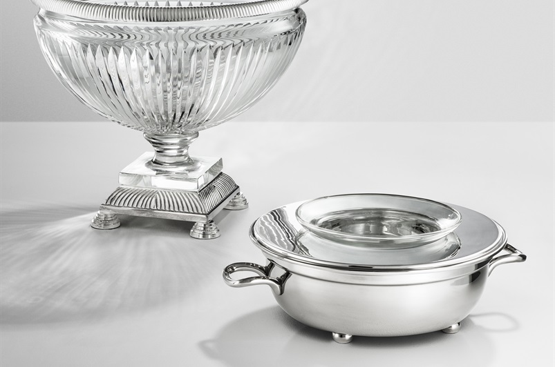 Hand blown clear glass, Silver plated