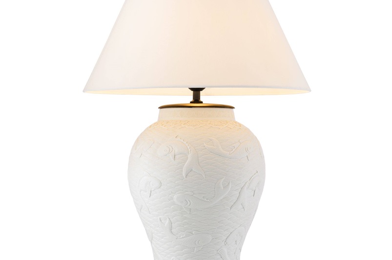 White Relief Porcelain, Black Finish & Off-white Shade